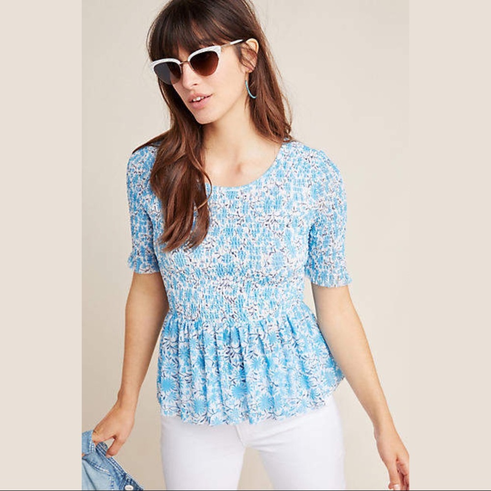 Maeve Ashton Smocked Floral Peplum Top